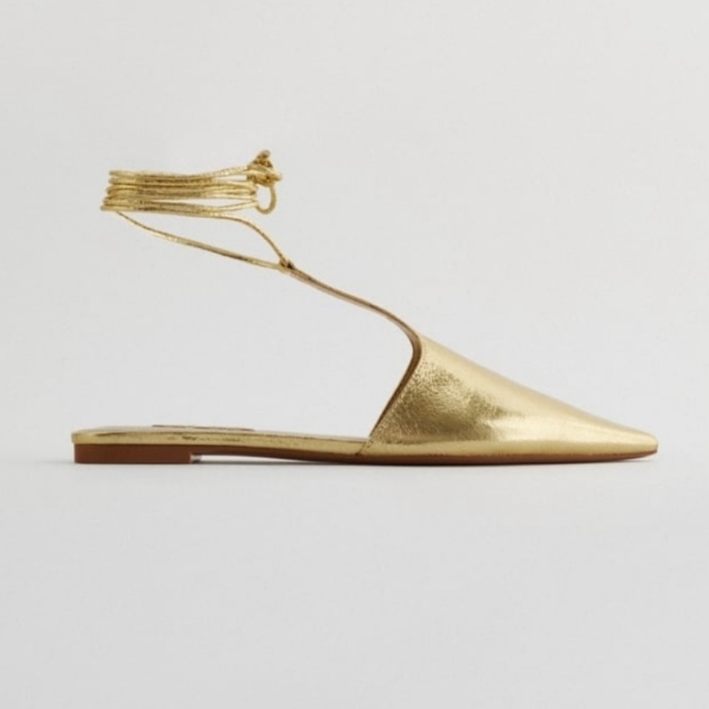 NWT Zara Tied T Strap Gold Mules Size 39